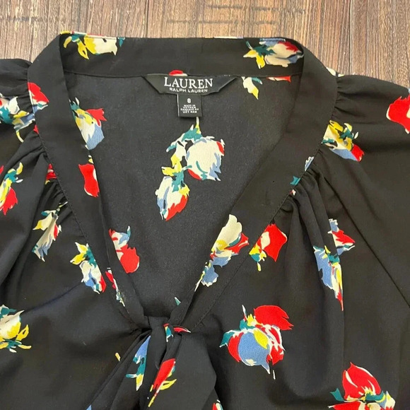 Lauren Ralph Lauren Sherolynn Floral Crepe Tie-Neck Midi Dress Black Red Size 8 - Picture 6 of 12